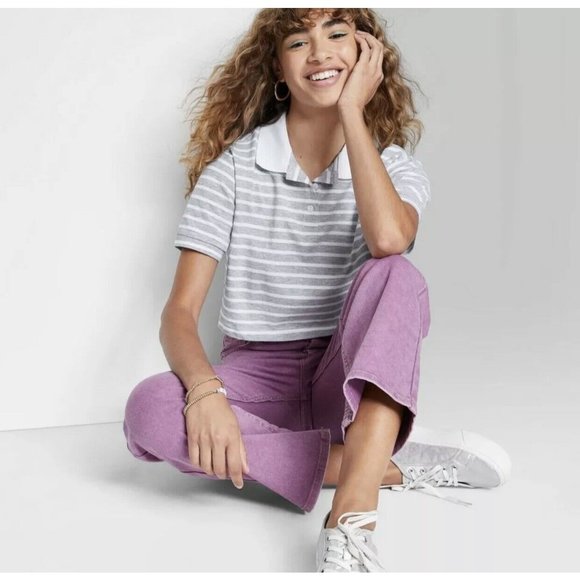 Womens Short Sleeve Boxy Cropped Polo T Shirt Wild Fable Gray Striped M - Picture 4 of 8